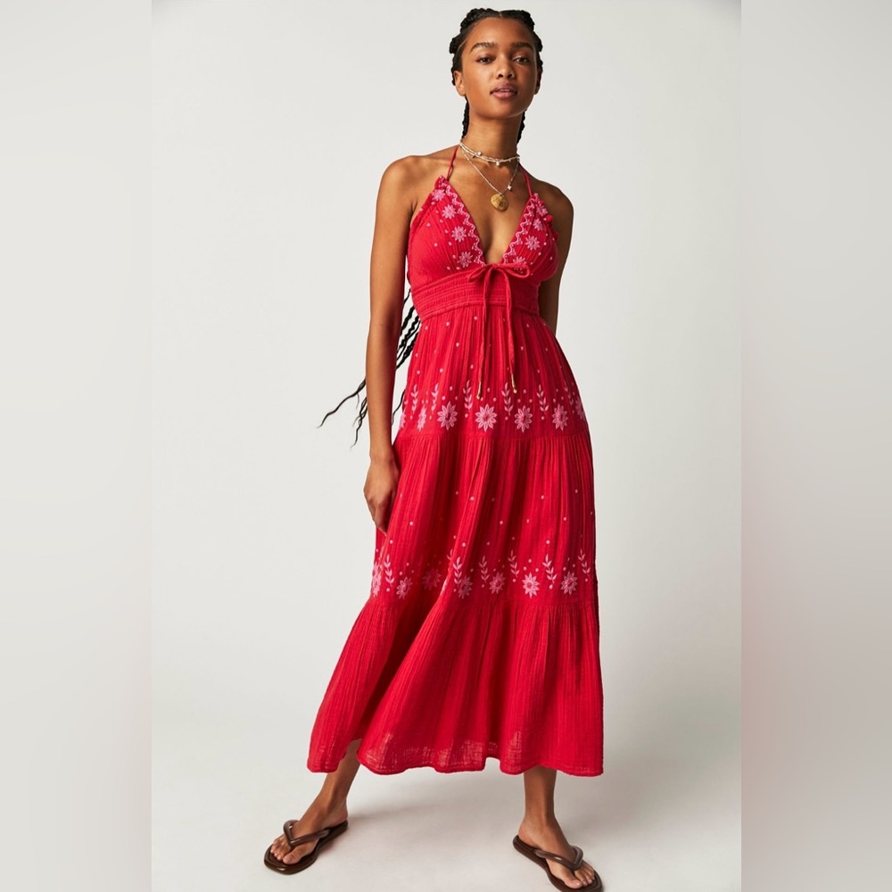 NWT Free People Real Love Embroidered Dress Maxi Dress Cranberry Juice Combo XS